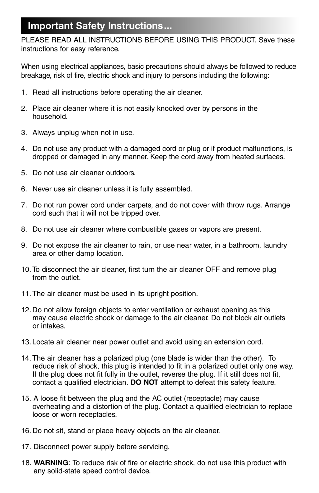 Honeywell 17000 manual Important Safety Instructions 