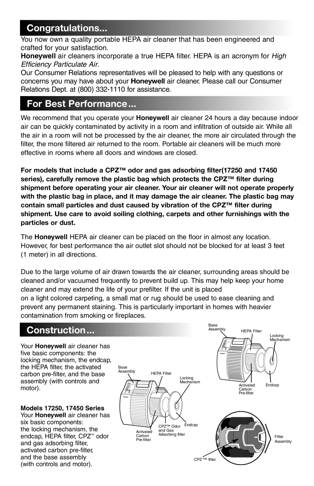 Honeywell 17000 manual Congratulations, For Best Performance, Construction 