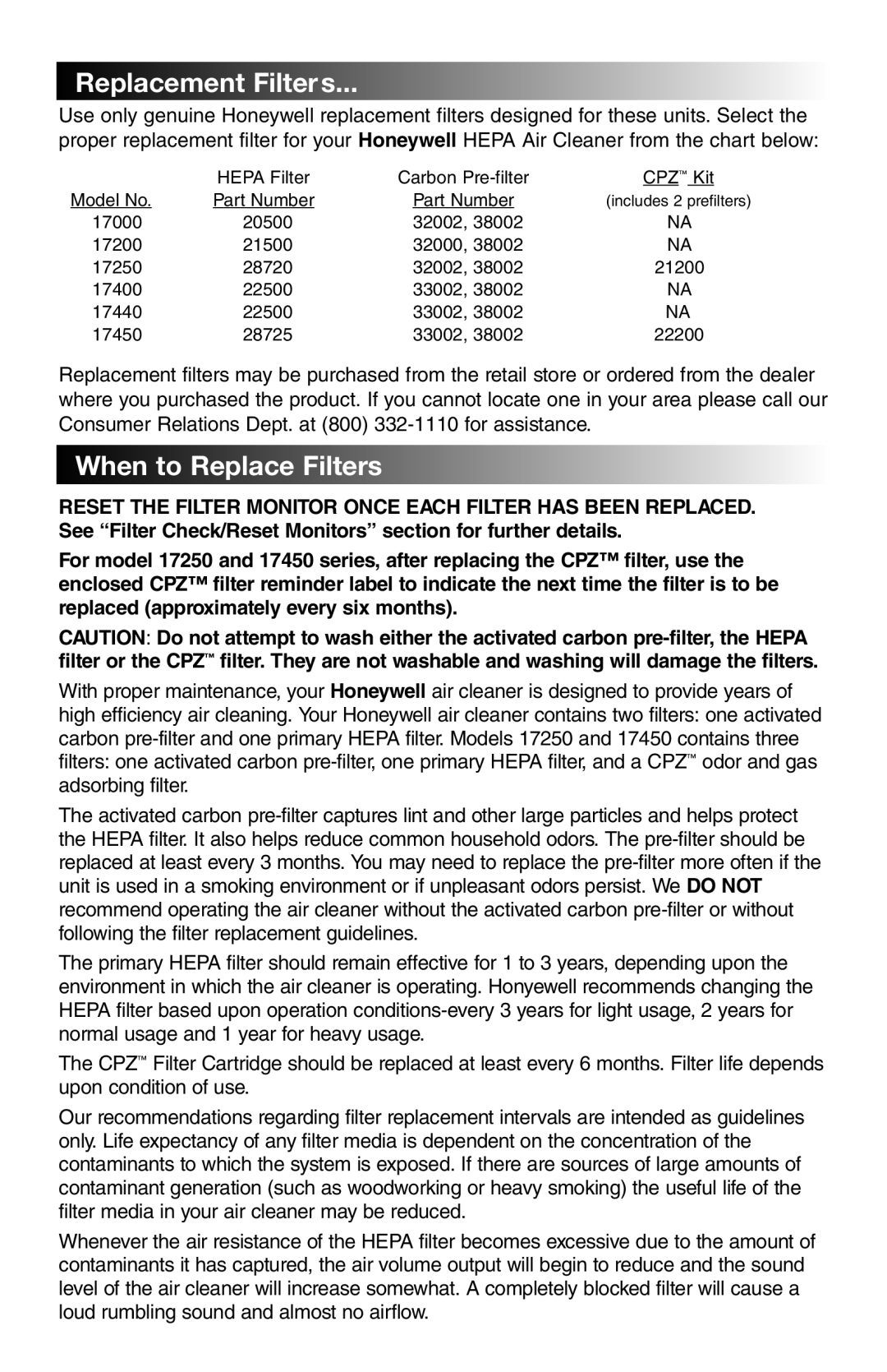 Honeywell 17000 manual Replacement Filters, When to Replace Filters 