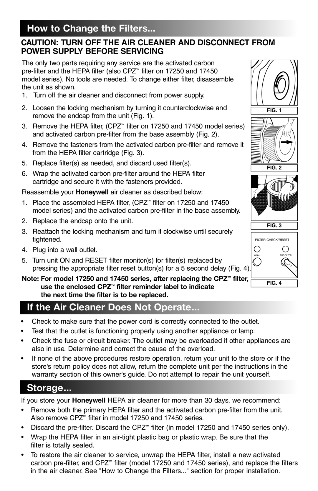 Honeywell 17000 manual How to Change the Filters, If the Air Cleaner Does Not Operate, Storage 