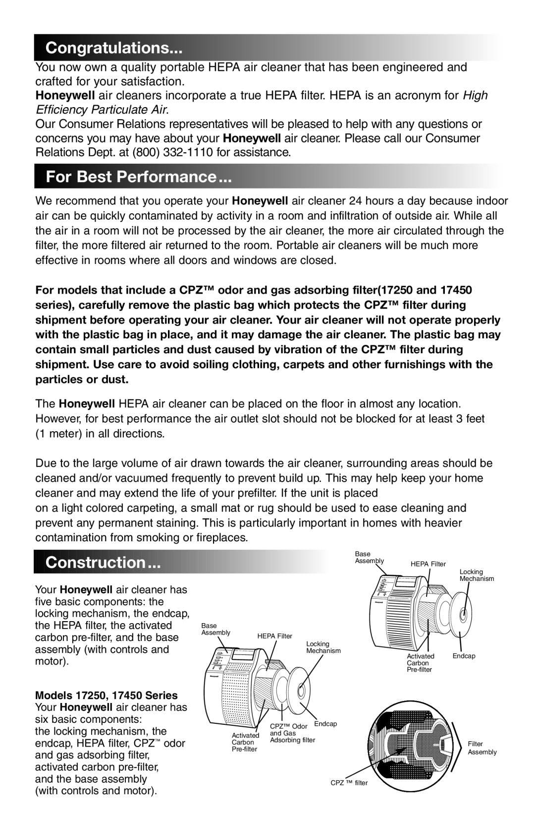 Honeywell 17000 manual Congratulations, ForBestPerformance, Construction 