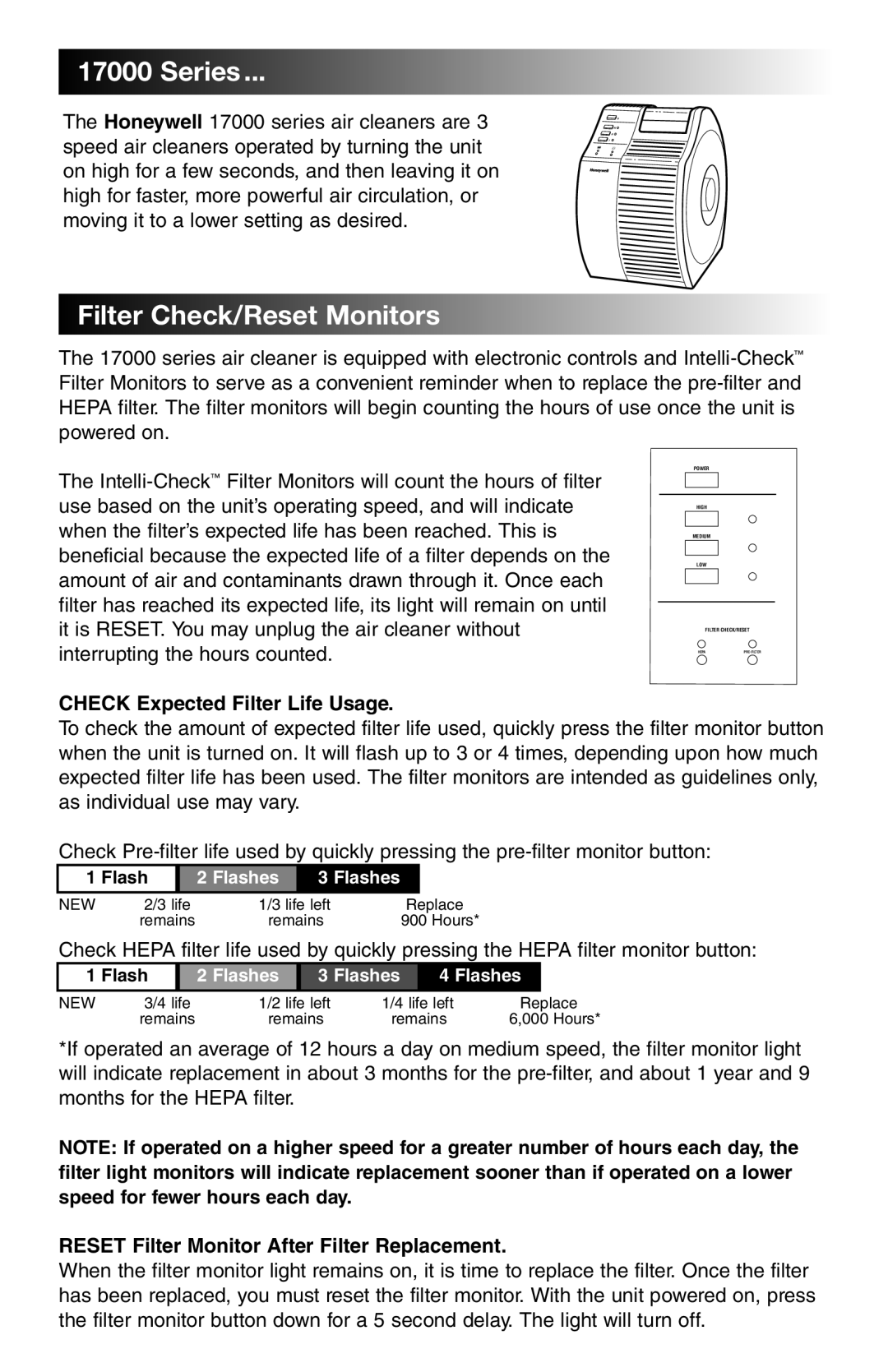 Honeywell manual 17000Series, FilterCheck/ResetMonitors, CHECK Expected Filter Life Usage 