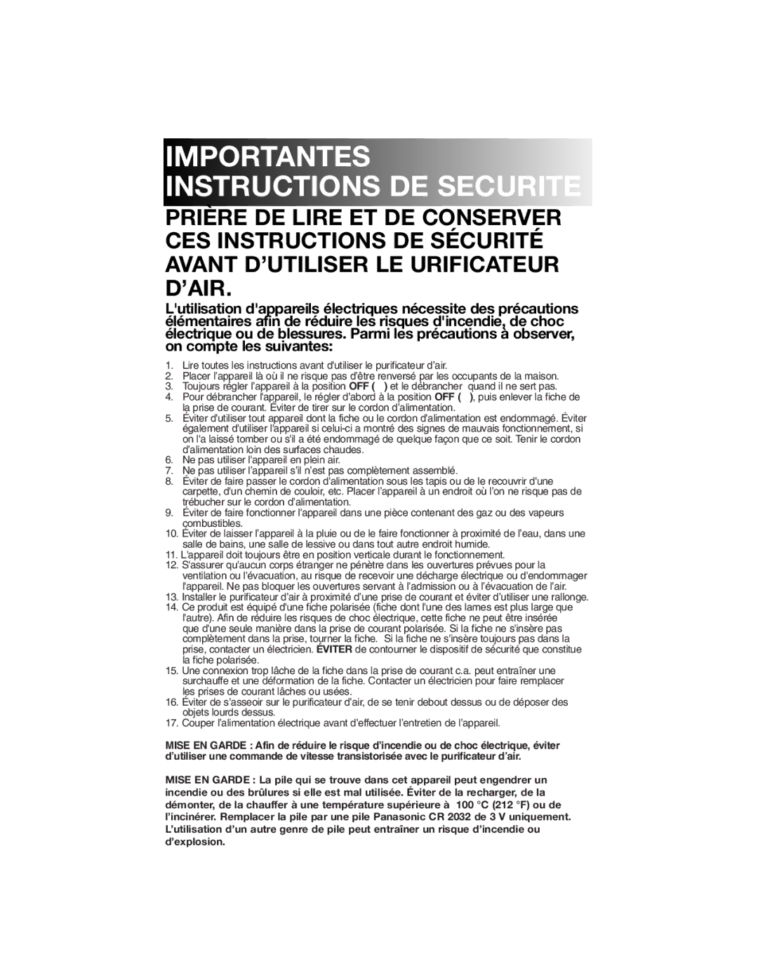 Honeywell 17005 owner manual Importantes Instructions DE Securite 