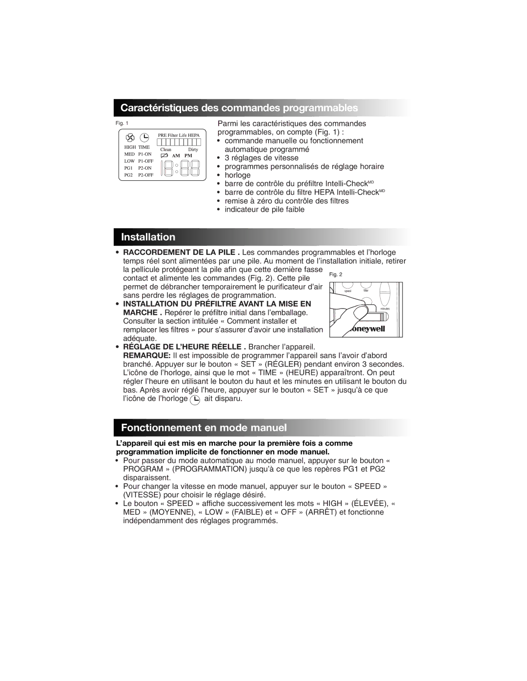 Honeywell 17005 owner manual Caracté ristiques des commandes programmables, Installation, Fonctionnement en mode manuel 