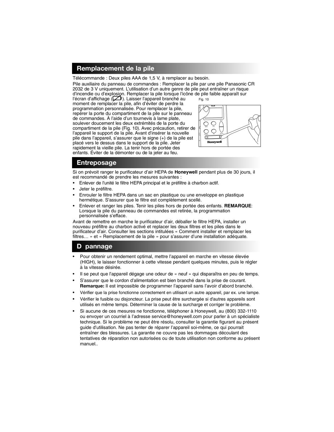 Honeywell 17005 owner manual Remplacement de la pile, Entreposage, Dépannage 