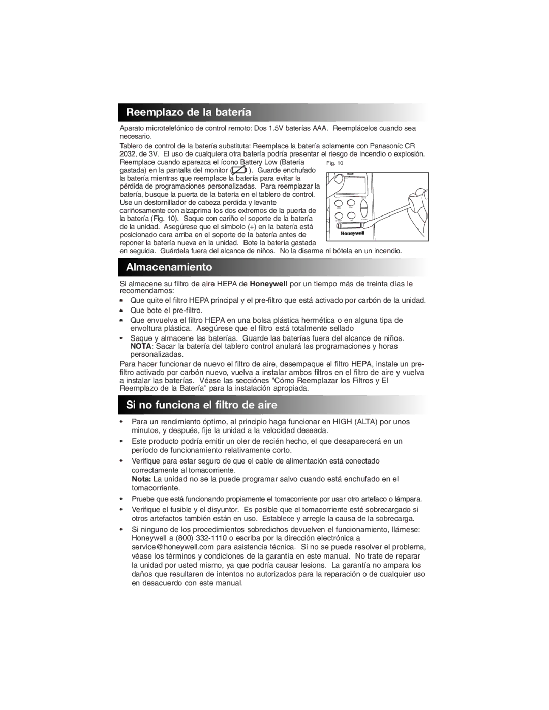 Honeywell 17005 owner manual Reemplazo de la baterí a, Almacenamiento, Si no funciona el filtro de aire 