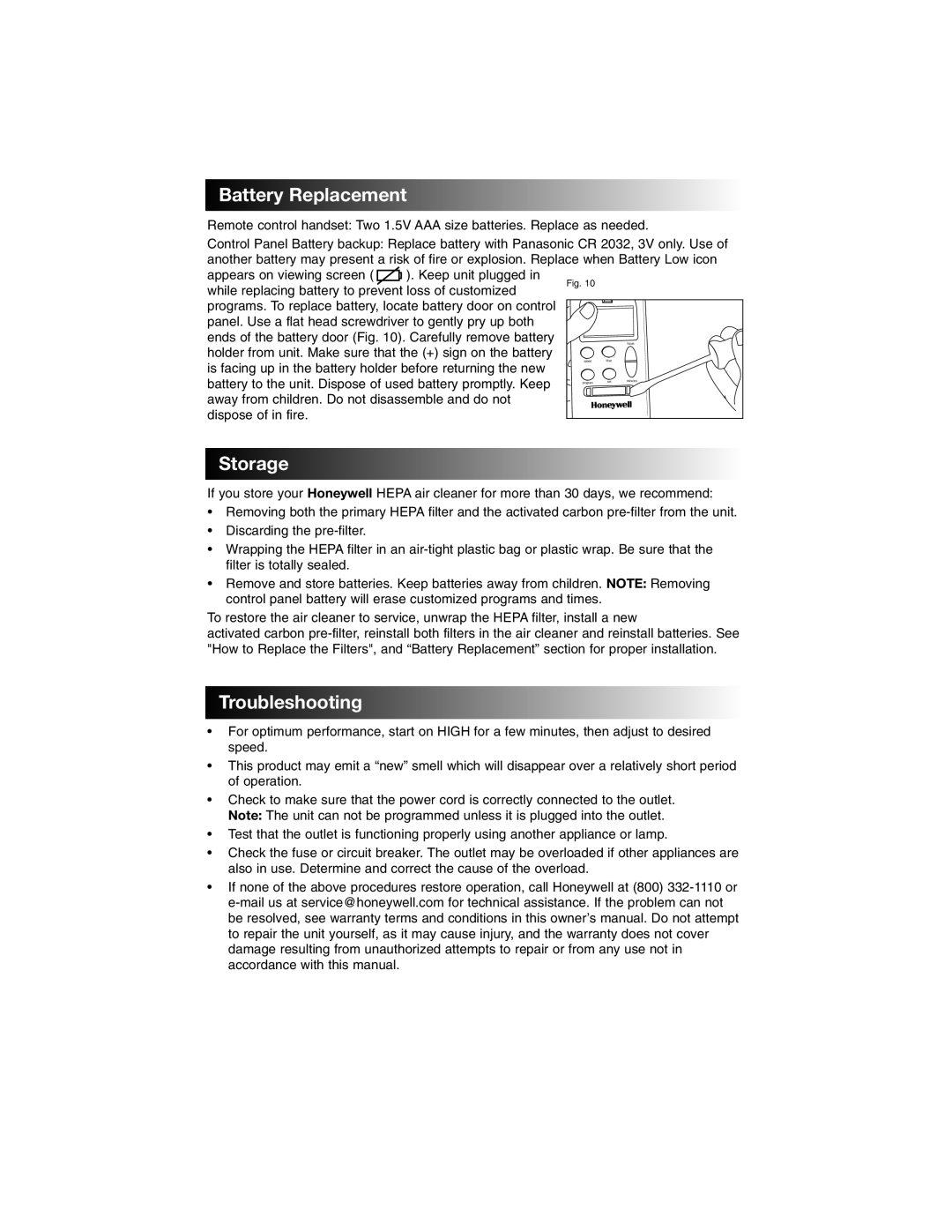 Honeywell 17005 owner manual Battery Replacement, Storage, Troubleshooting 