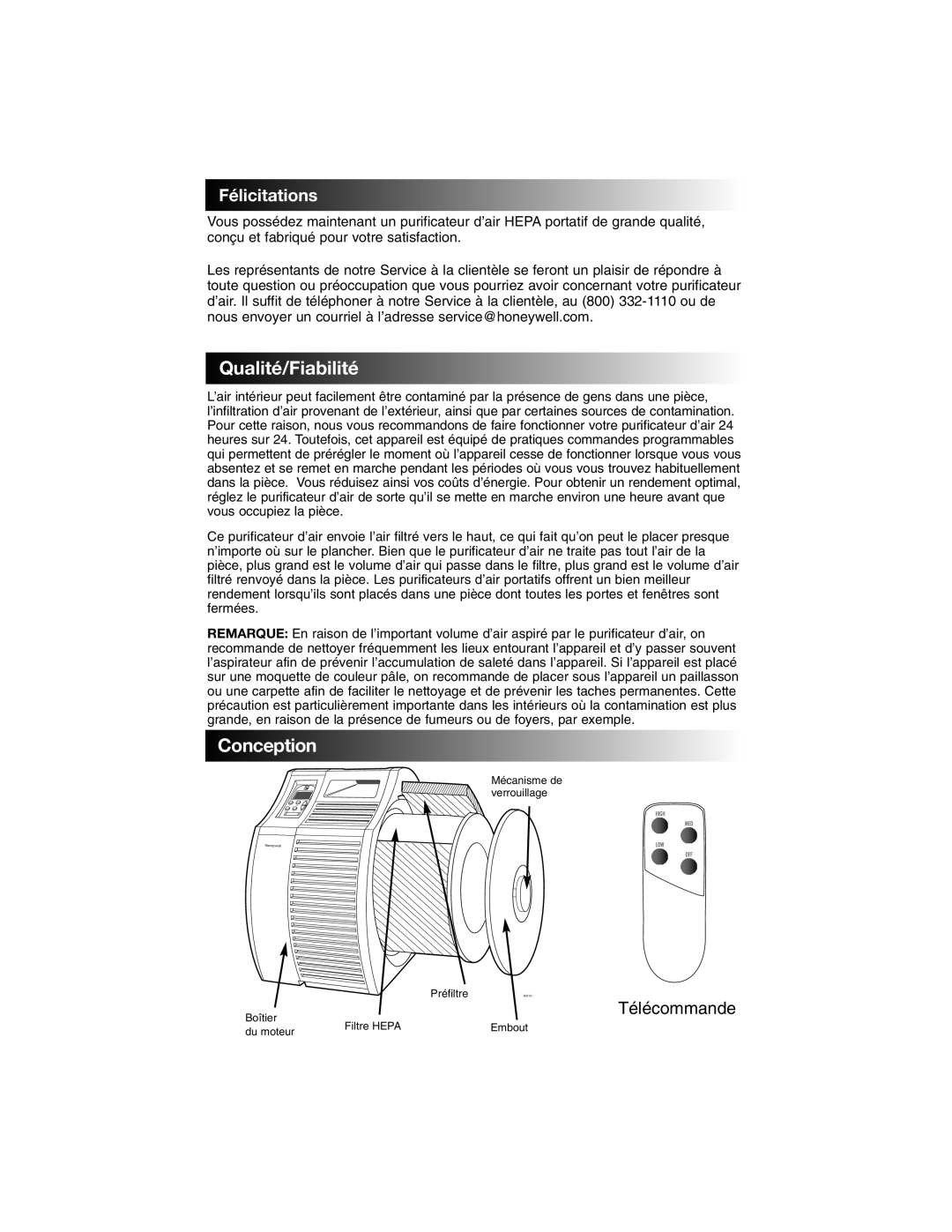 Honeywell 17005 owner manual Qualité /Fiabilit é, Conception 