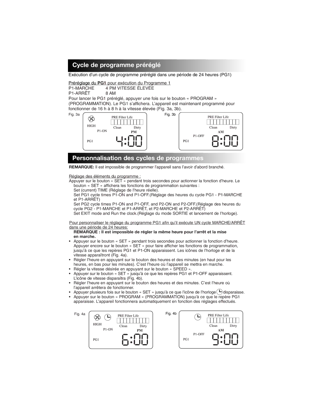 Honeywell 17005 owner manual Cycle de programme pré ré glé, Personnalisation des cycles de programmes 