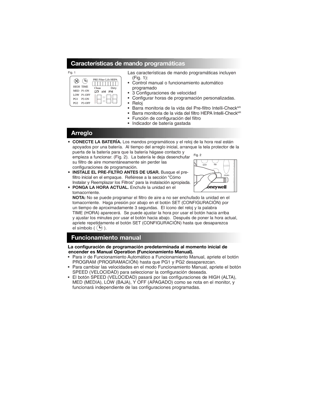 Honeywell 17005 owner manual Caracter í sticas de mando program á ticas, Arreglo, Funcionamiento manual 