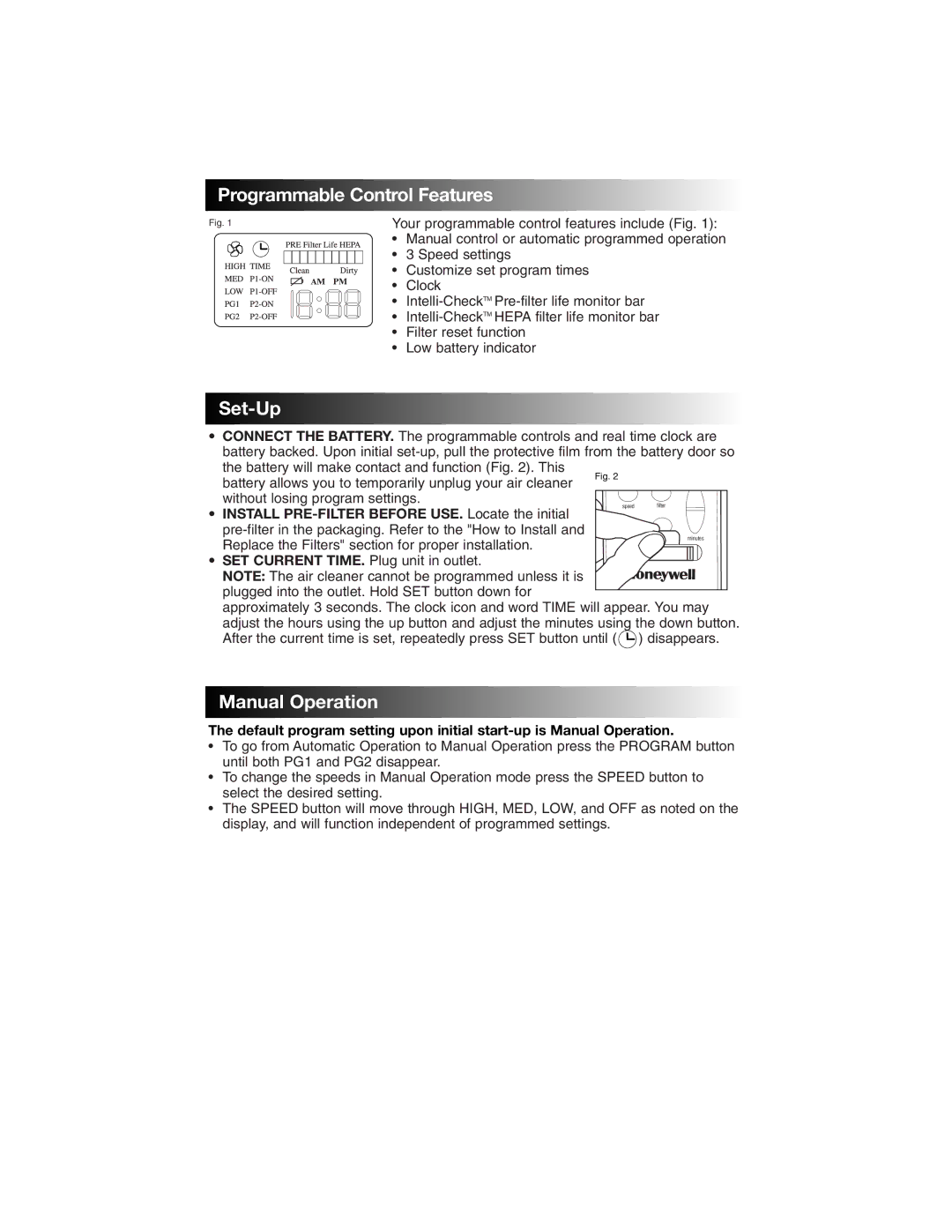 Honeywell 17005 owner manual Programmable Control Features, Set- Up, Manual Operation 