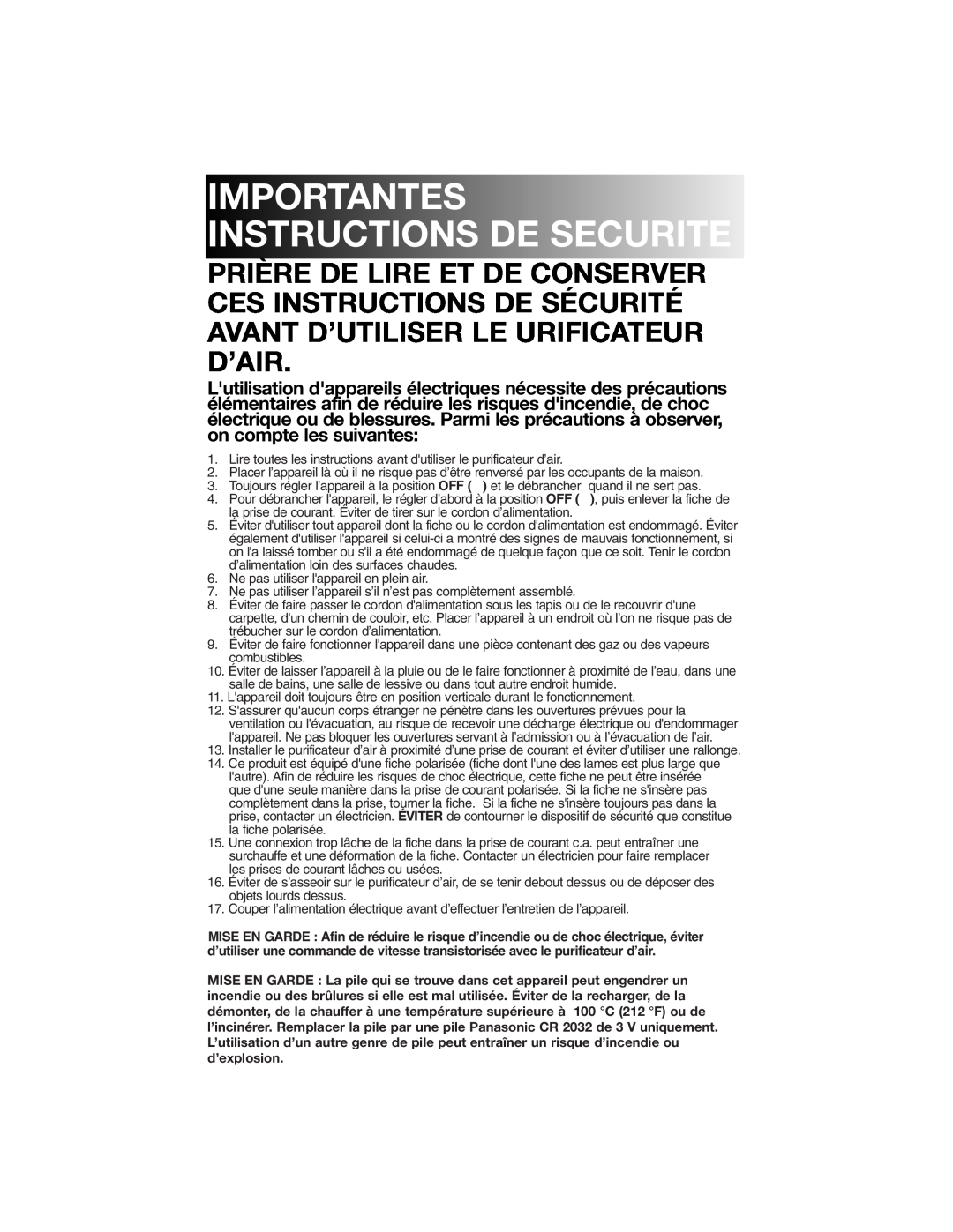 Honeywell 17005 owner manual Importantes Instructions De Securite 