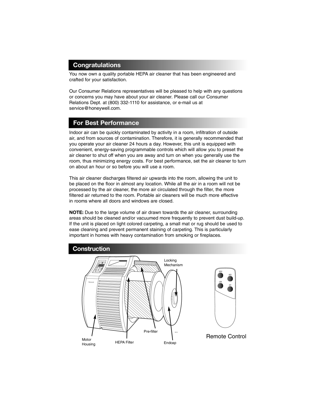 Honeywell 17005 owner manual Congratulations, ForBestPerformance, Construction, Remote Control 