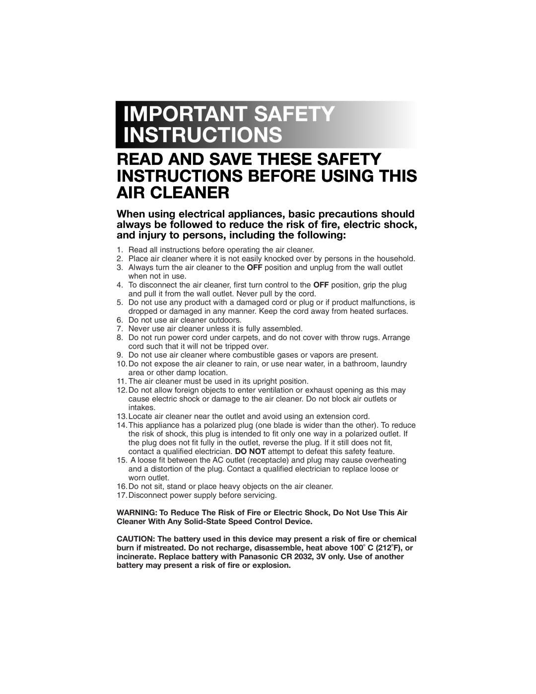 Honeywell 17005 owner manual Important Safety Instructions 