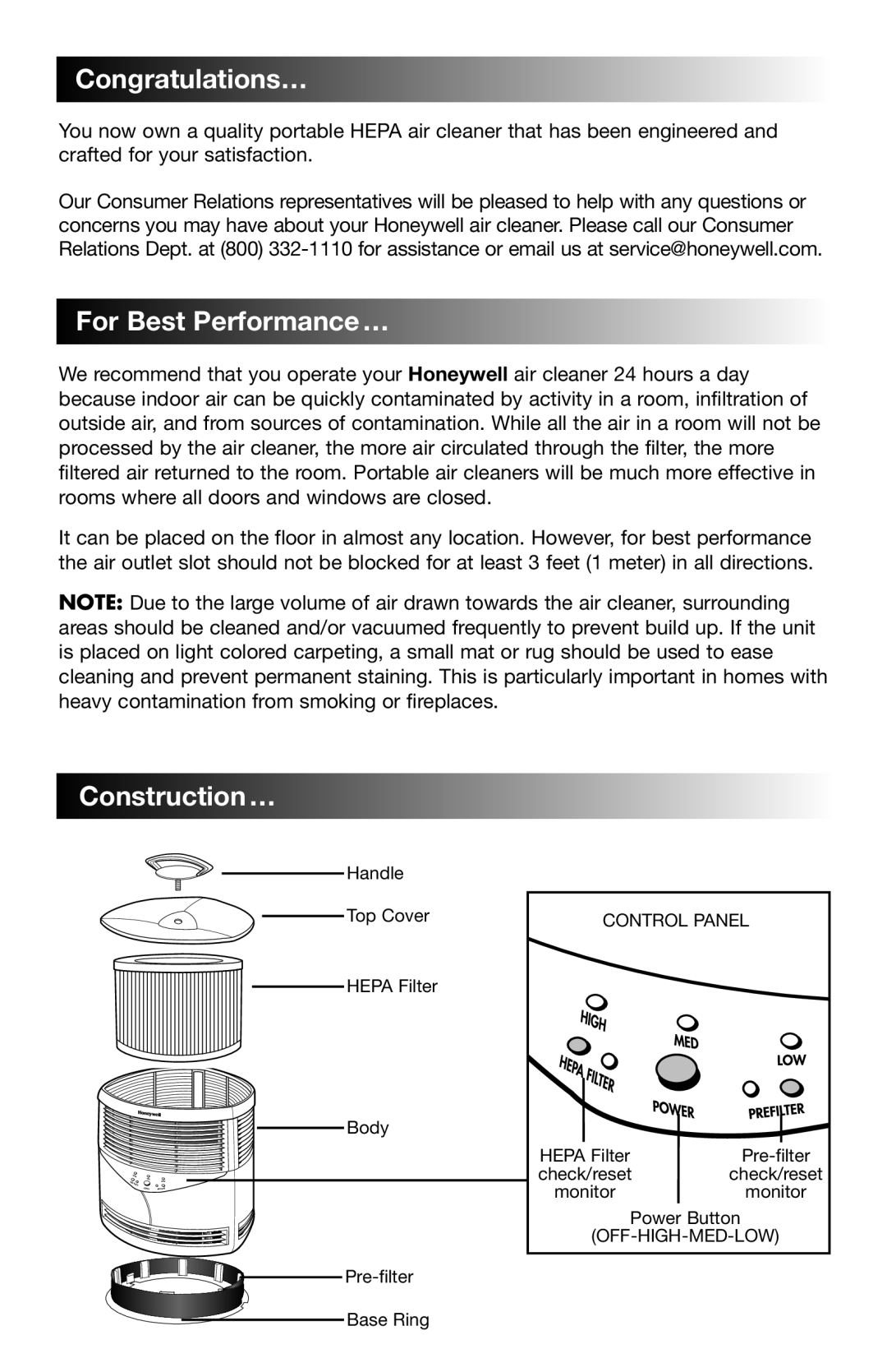 Honeywell 18150 Series owner manual Congratulations …, For Best Performance …, Construction … 