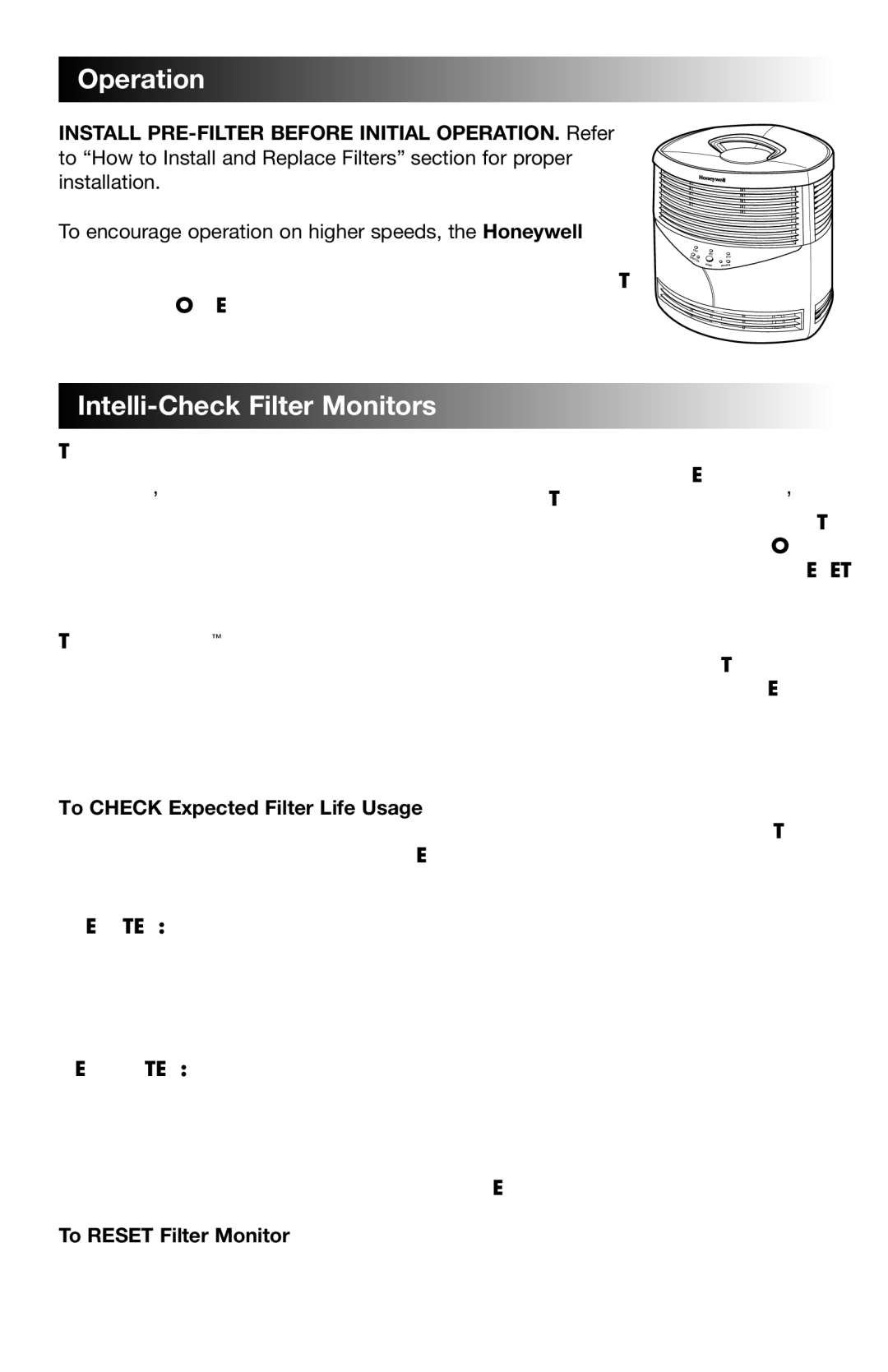 Honeywell 18150 Series owner manual Operation …, Intelli Check Filter Monitors …, To Check Expected Filter Life Usage 