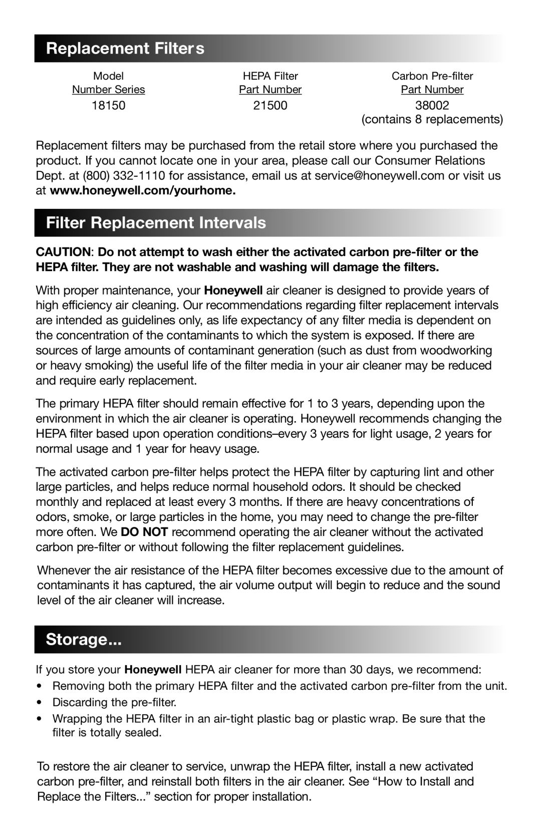 Honeywell 18150 Series owner manual Replacement Filters…, Filter Replacement Intervals …, Storage 