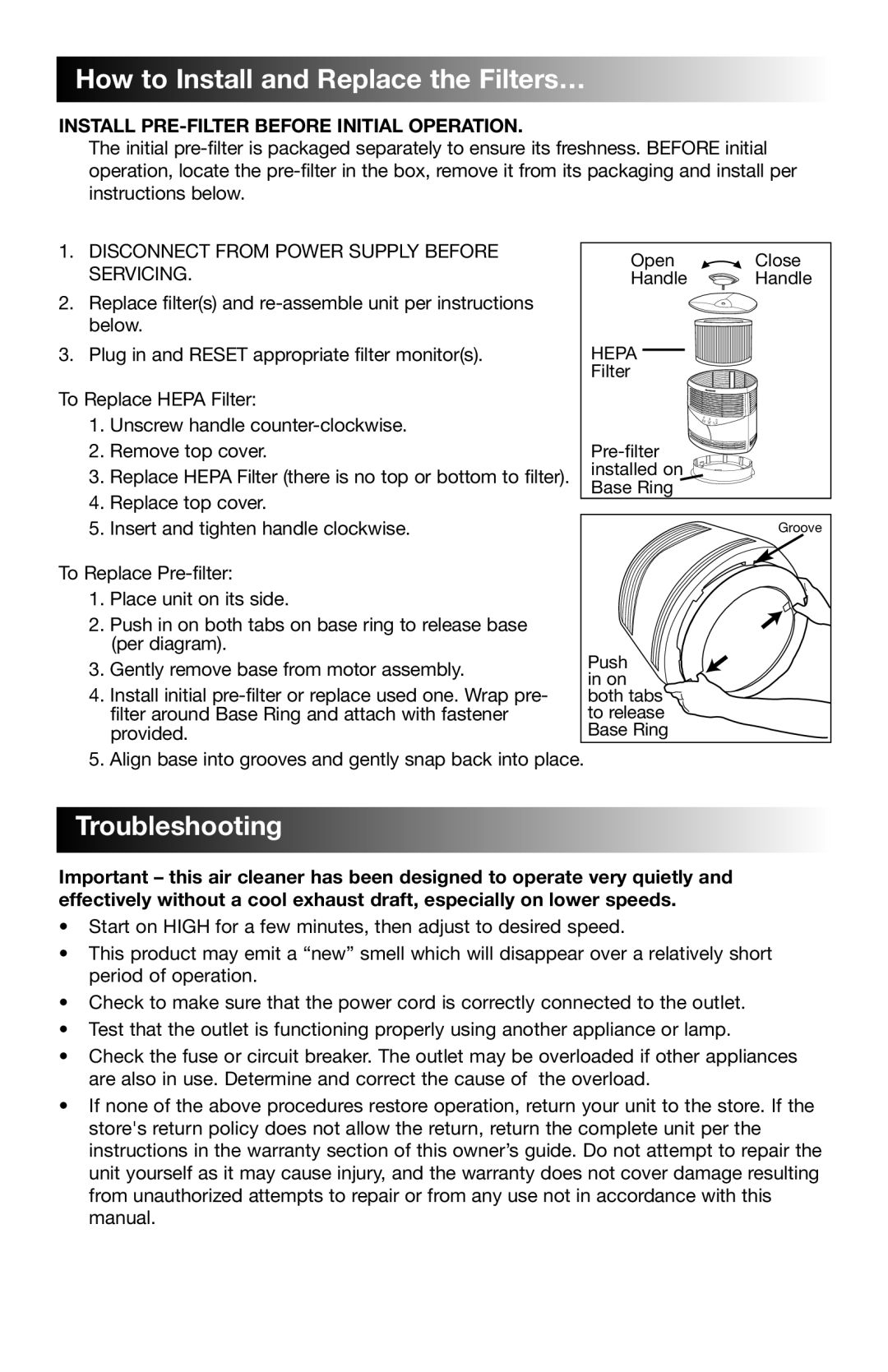 Honeywell 18150 Series owner manual How to Install and Replace the Filters …, Troubleshooting 