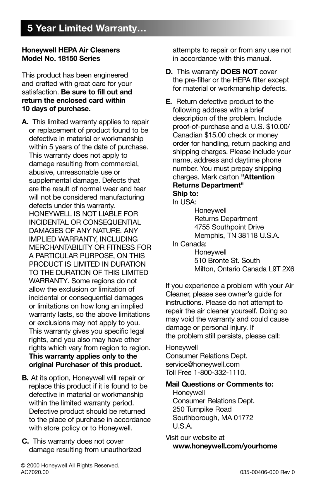 Honeywell 18150 Series Year Limited Warranty…, Honeywell Hepa Air Cleaners Model No Series, Returns Department Ship to 