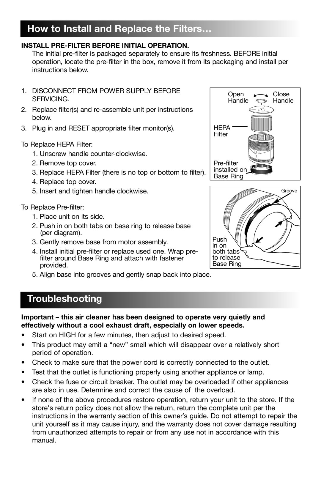 Honeywell 18150 owner manual HowtoInstallandReplacetheFilters…, Troubleshooting, Install Pre-Filterbefore Initial Operation 