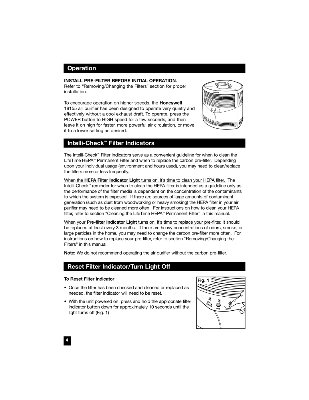 Honeywell 18155 Intelli-CheckFilter Indicators, Install PRE-FILTER Before Initial Operation, To Reset Filter Indicator 