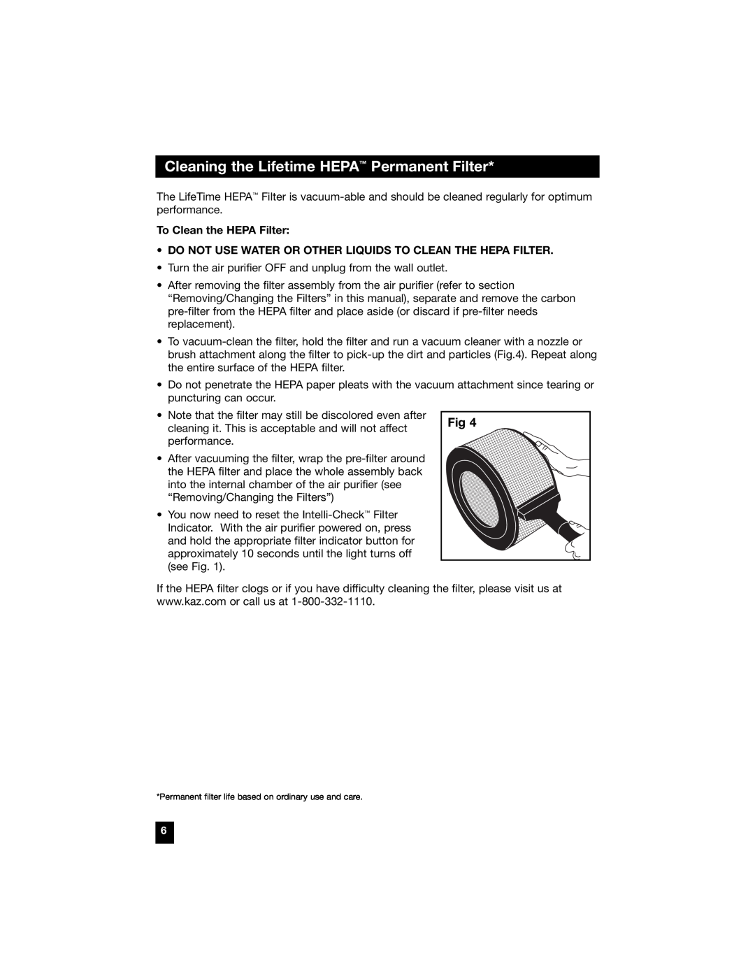 Honeywell 18155 owner manual Cleaning the Lifetime HEPA Permanent Filter, To Clean the HEPA Filter 