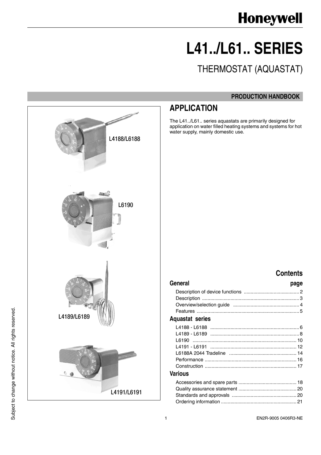 Honeywell 1EN2R-9005 0406R3-NE manual Application, Contents 