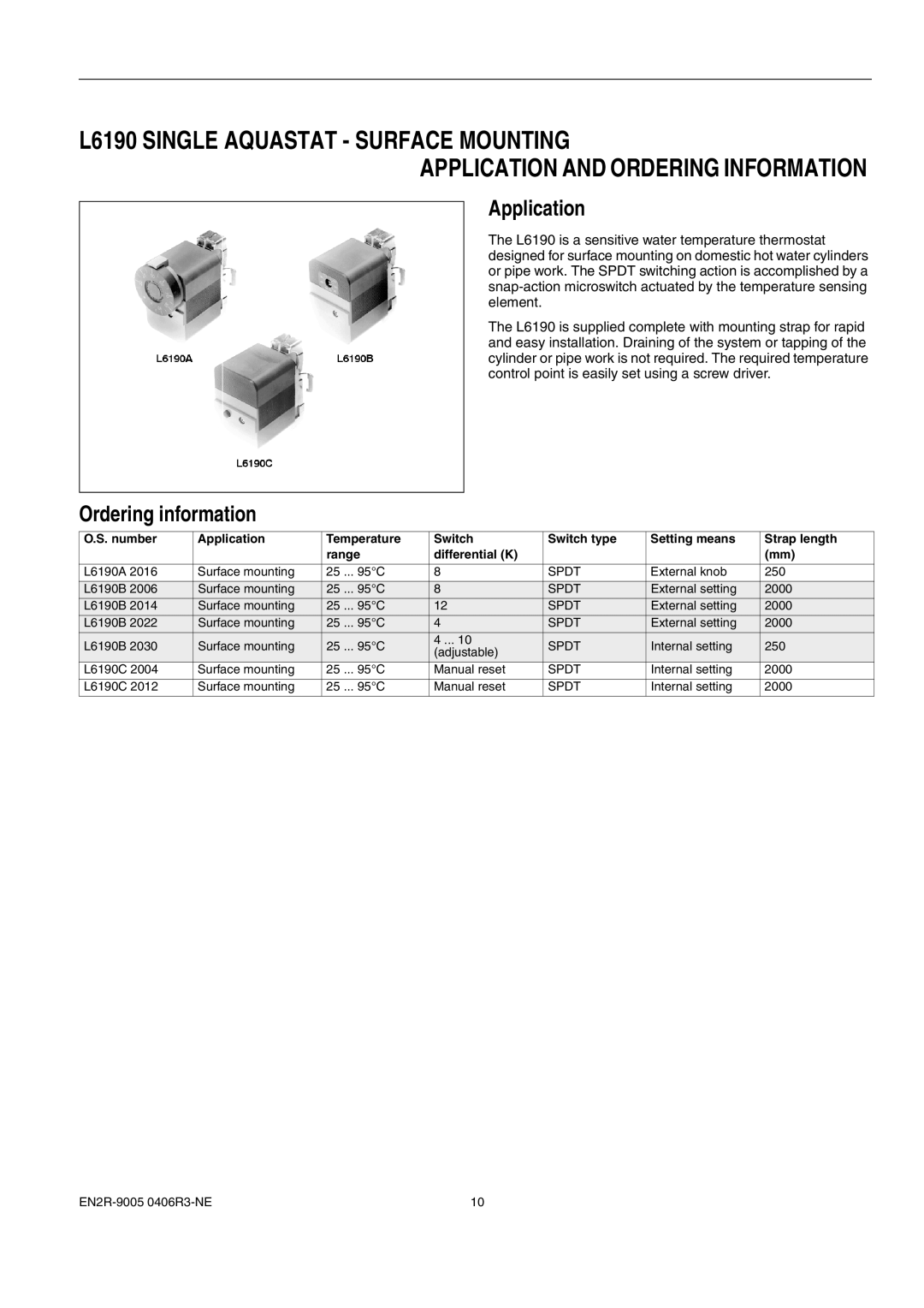 Honeywell 1EN2R-9005 0406R3-NE manual L6190 Single Aquastat Surface Mounting, Application and Ordering Information 