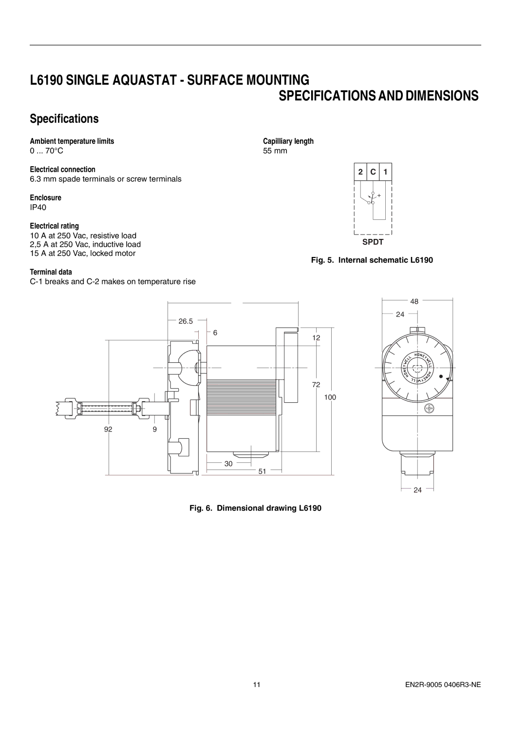 Honeywell 1EN2R-9005 0406R3-NE manual Internal schematic L6190 Terminal data 