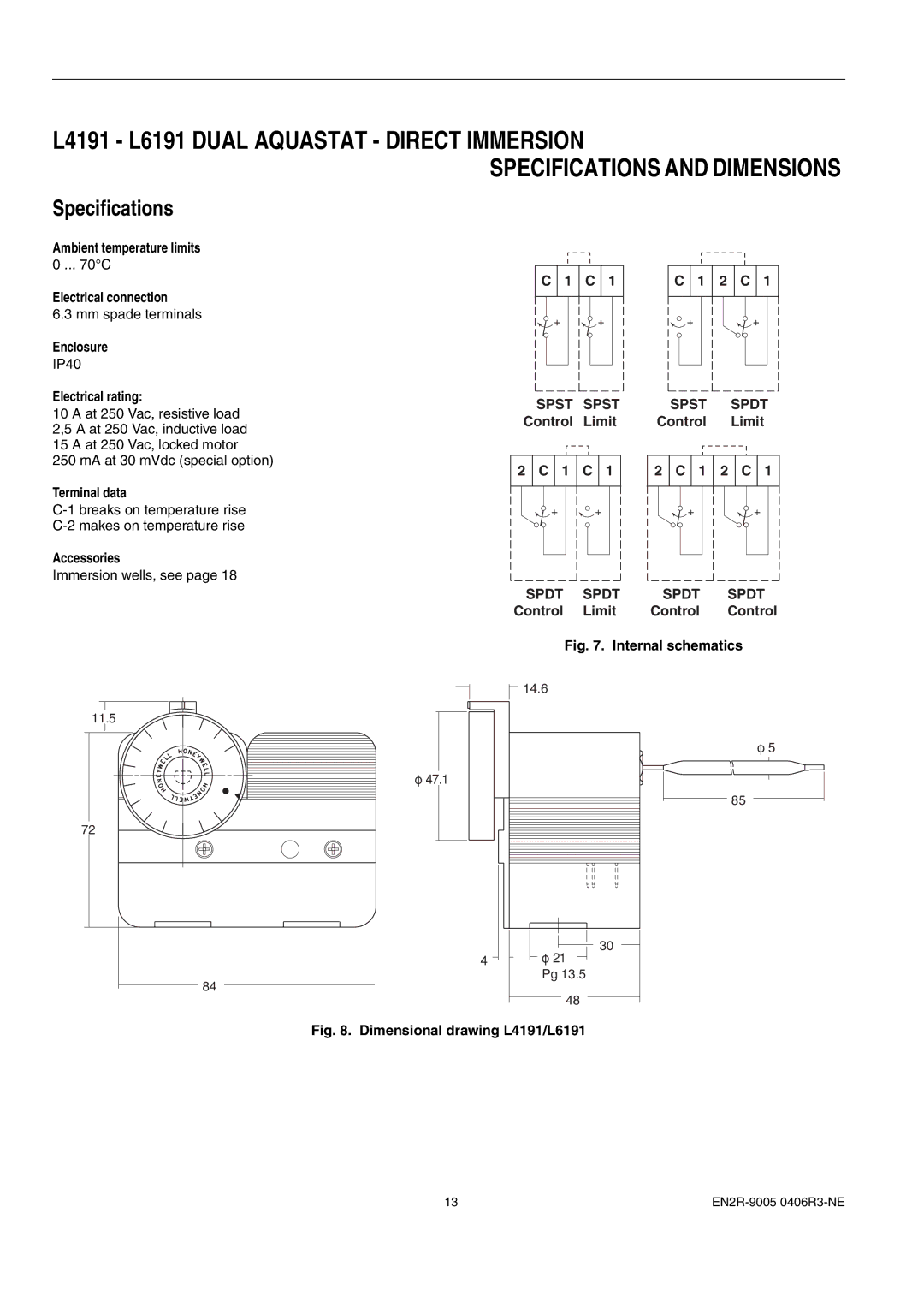 Honeywell 1EN2R-9005 0406R3-NE manual Spst Spst Control Limit 1 C Spst Spdt Control Limit 1 2 C 