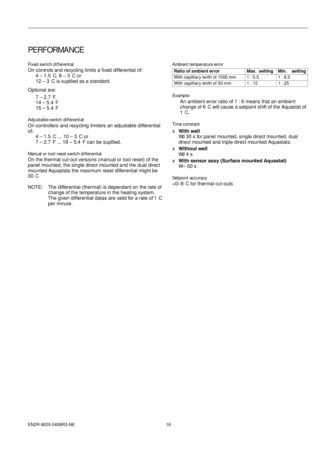 Honeywell 1EN2R-9005 0406R3-NE manual Performance 