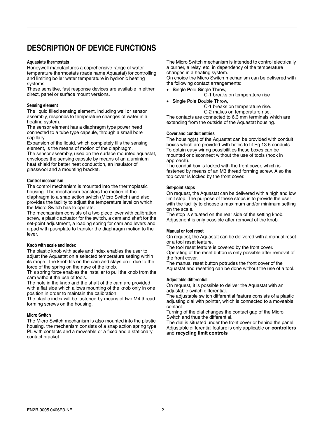 Honeywell 1EN2R-9005 0406R3-NE manual Aquastats thermostats, Sensing element, Control mechanism, Knob with scale and index 
