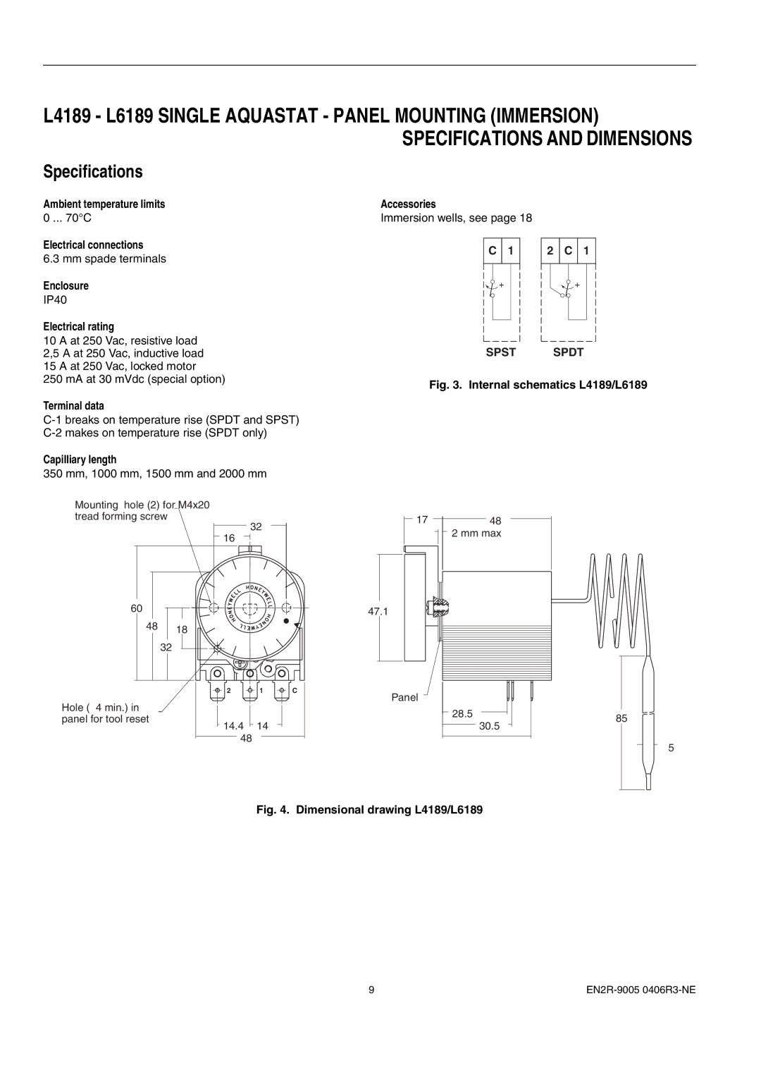 Honeywell 1EN2R-9005 0406R3-NE manual Electrical connections, Capilliary length 