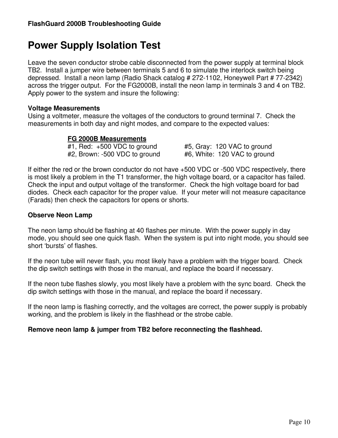 Honeywell manual Power Supply Isolation Test, Voltage Measurements, FG 2000B Measurements, Observe Neon Lamp 