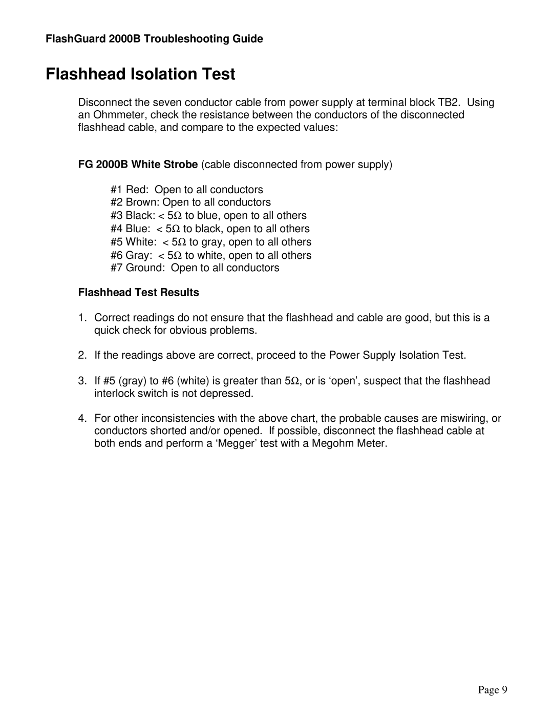 Honeywell 2000B manual Flashhead Isolation Test, Flashhead Test Results 