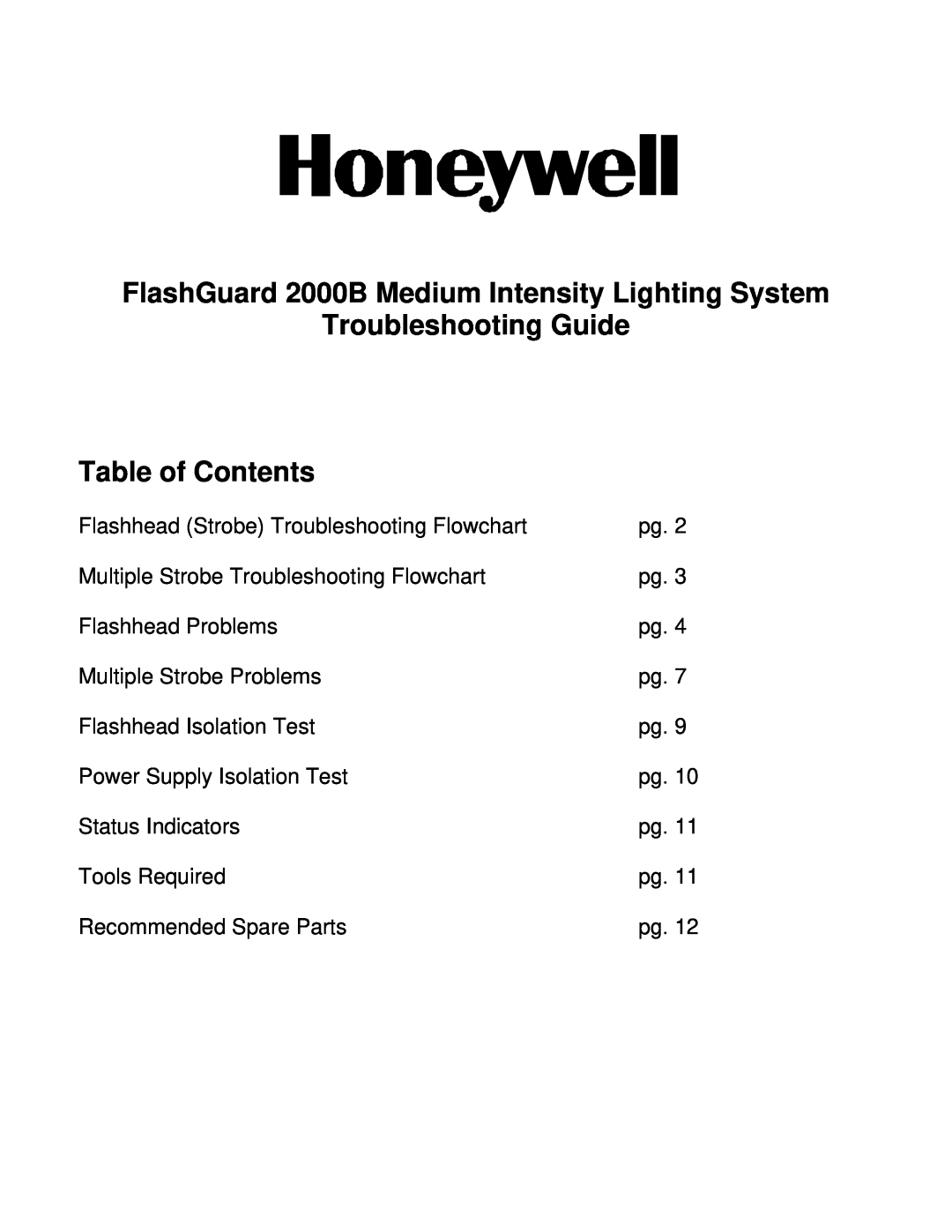 Honeywell manual FlashGuard 2000B Medium Intensity Lighting System, Troubleshooting Guide Table of Contents 
