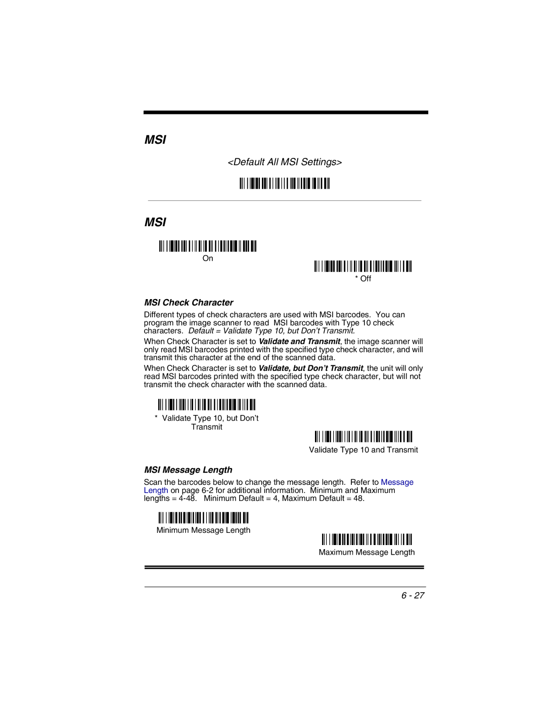 Honeywell 2020 manual MSI Check Character, MSI Message Length 