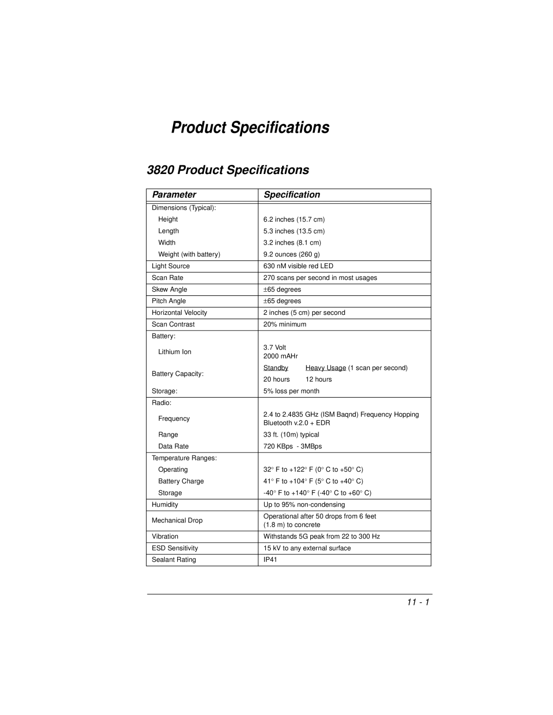 Honeywell 2020 manual Product Specifications, Parameter Specification 