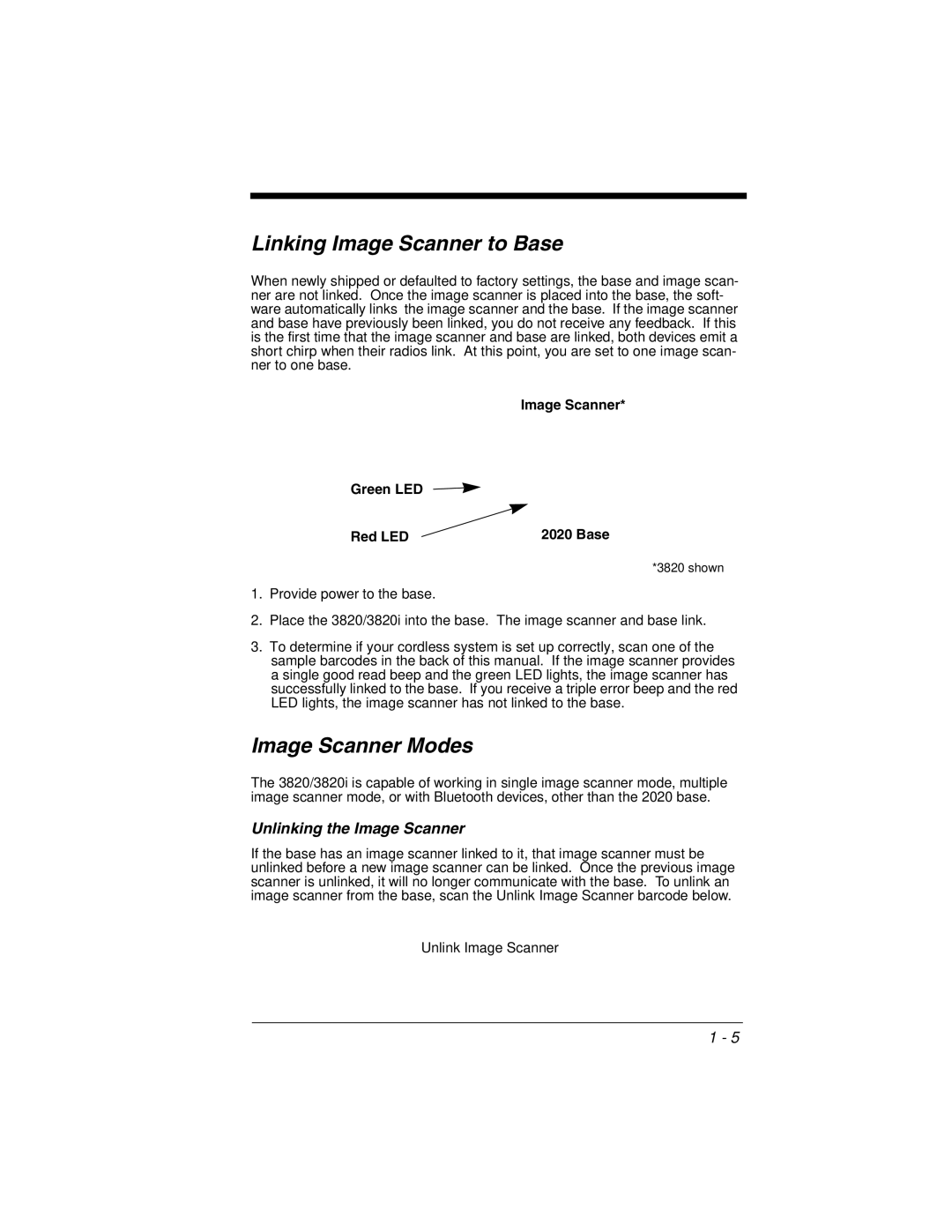 Honeywell 2020 manual Linking Image Scanner to Base, Image Scanner Modes, Unlinking the Image Scanner 