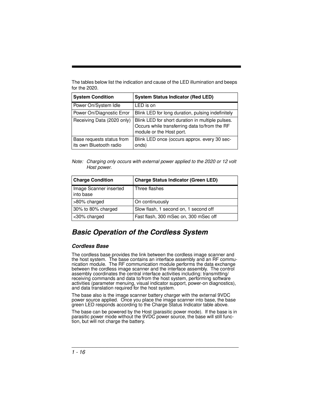 Honeywell 2020 Basic Operation of the Cordless System, Cordless Base, System Condition System Status Indicator Red LED 