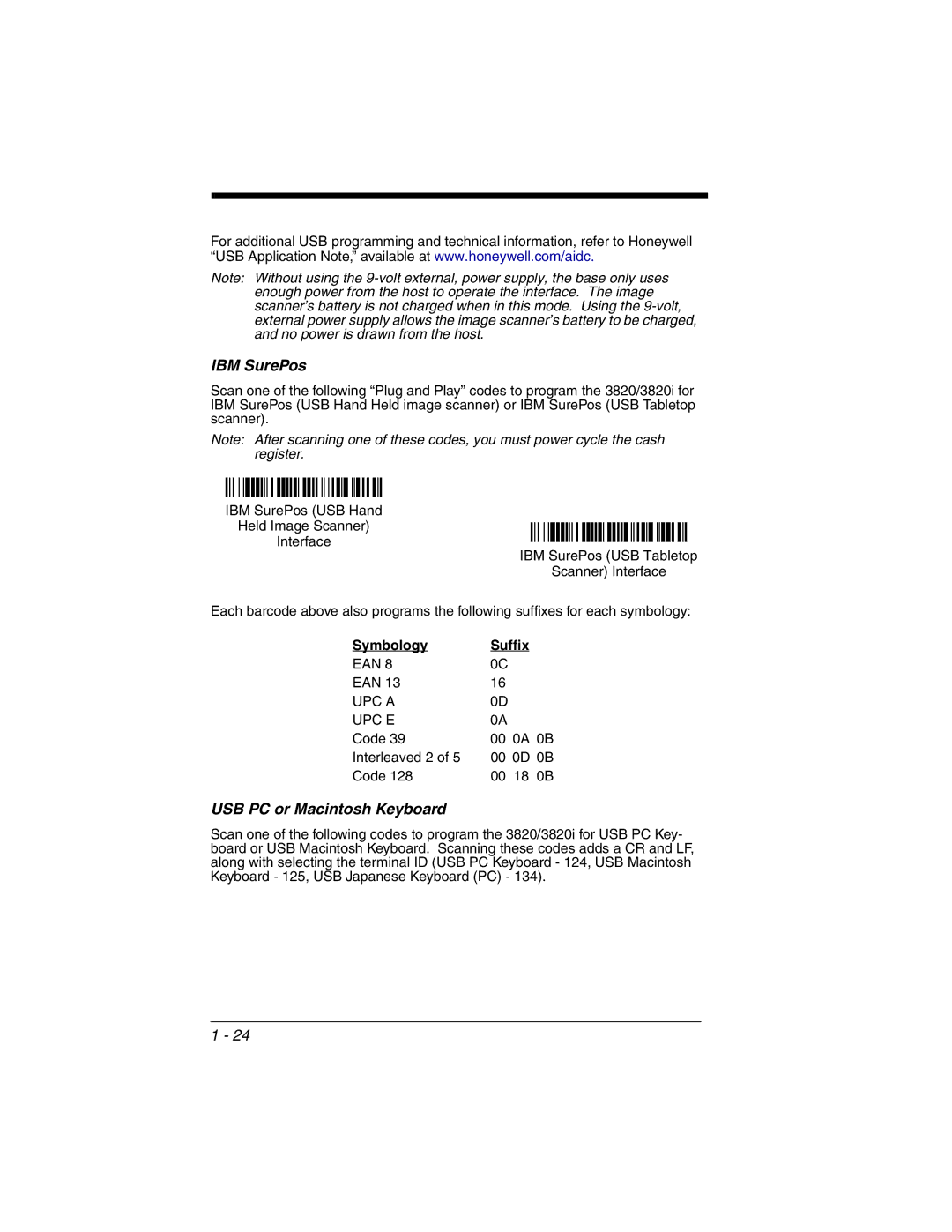 Honeywell 2020 manual IBM SurePos, USB PC or Macintosh Keyboard 