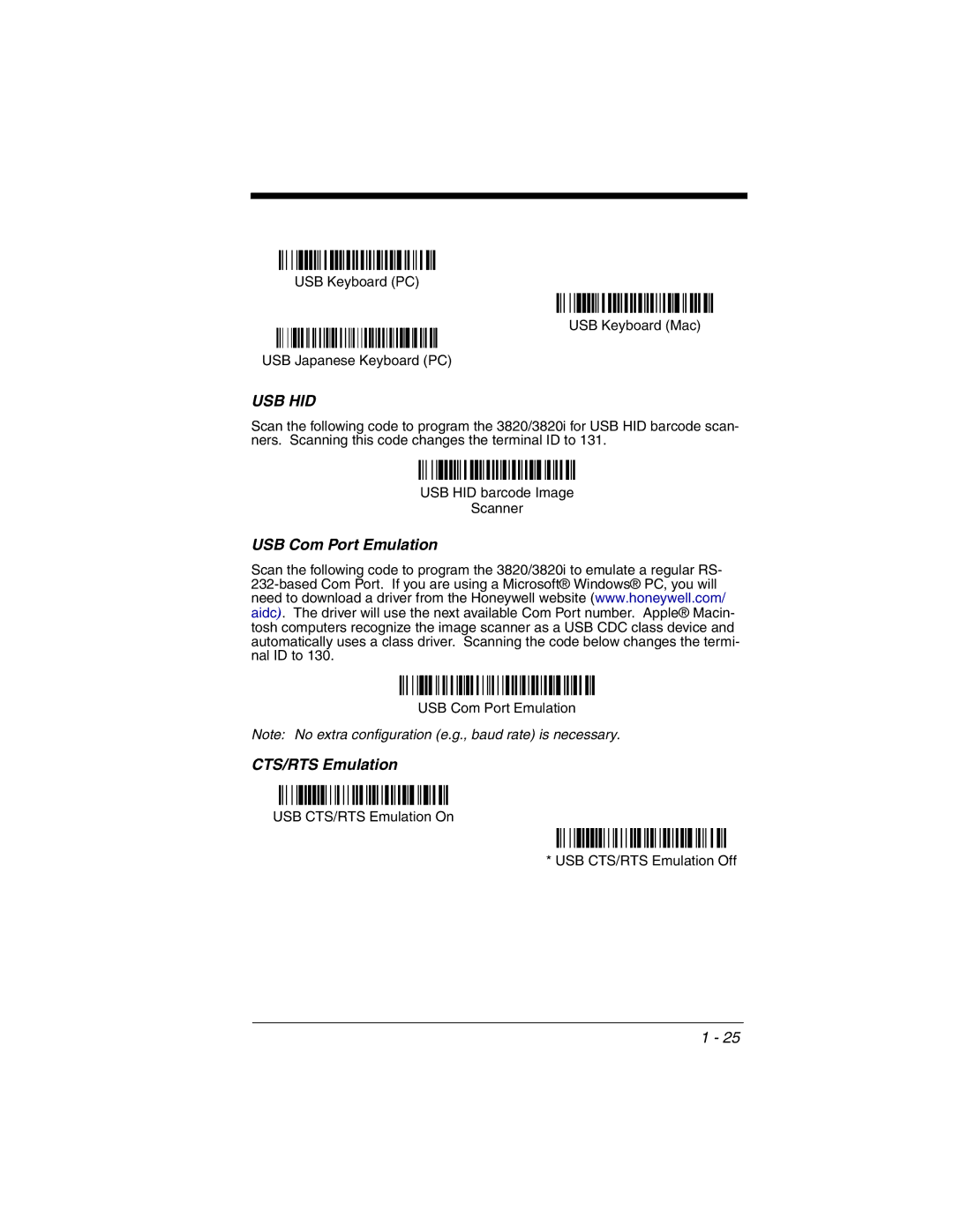 Honeywell 2020 manual USB Com Port Emulation, CTS/RTS Emulation 