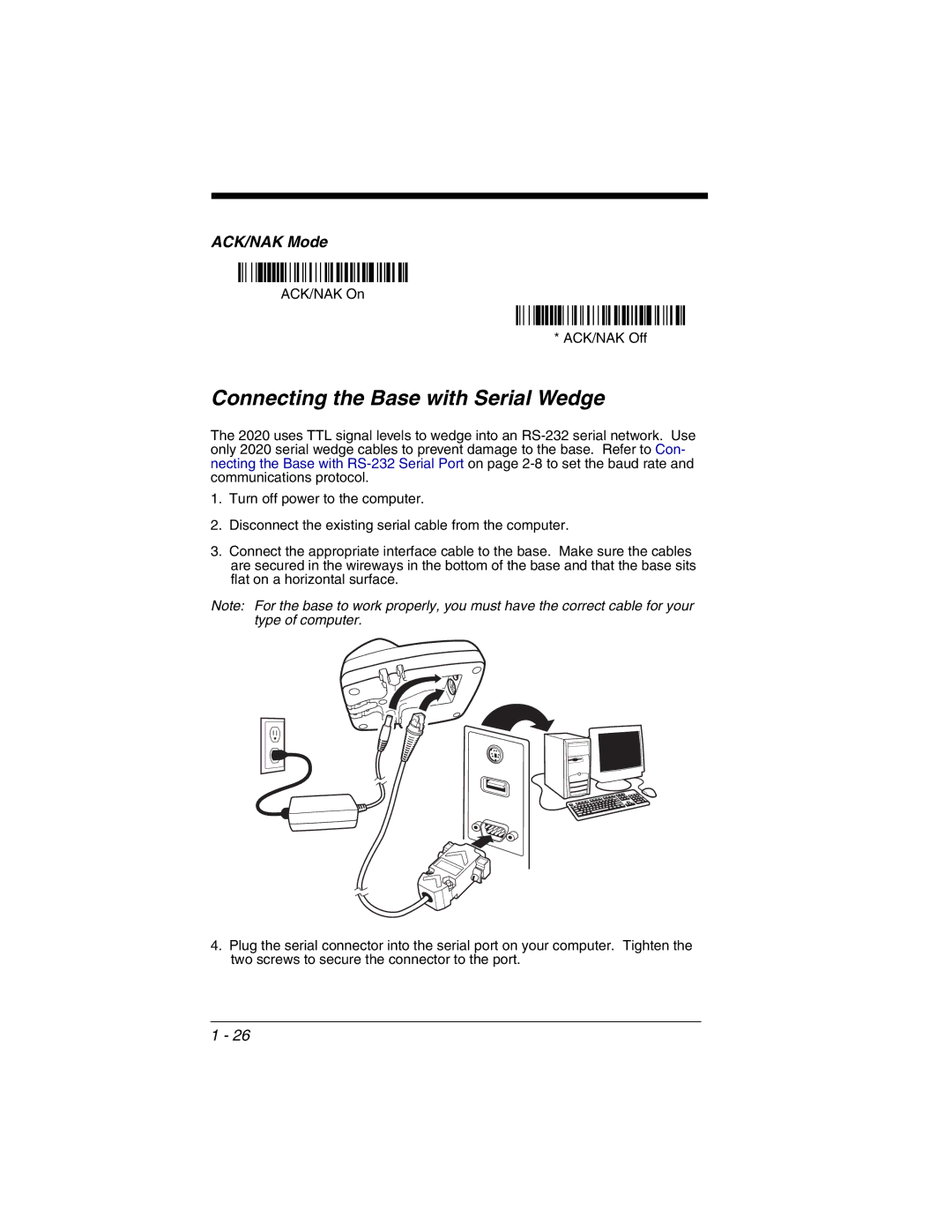 Honeywell 2020 manual Connecting the Base with Serial Wedge, ACK/NAK Mode 