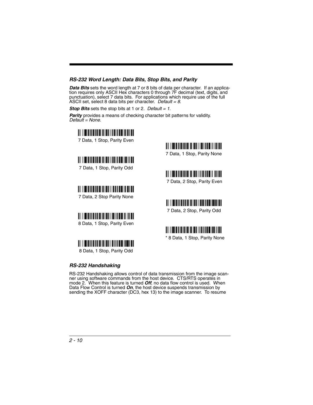 Honeywell 2020 manual RS-232 Word Length Data Bits, Stop Bits, and Parity, RS-232 Handshaking 