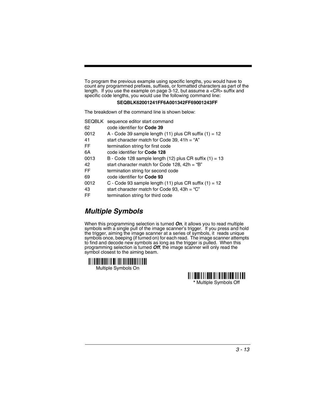 Honeywell 2020 manual Multiple Symbols, SEQBLK62001241FF6A001342FF69001243FF 