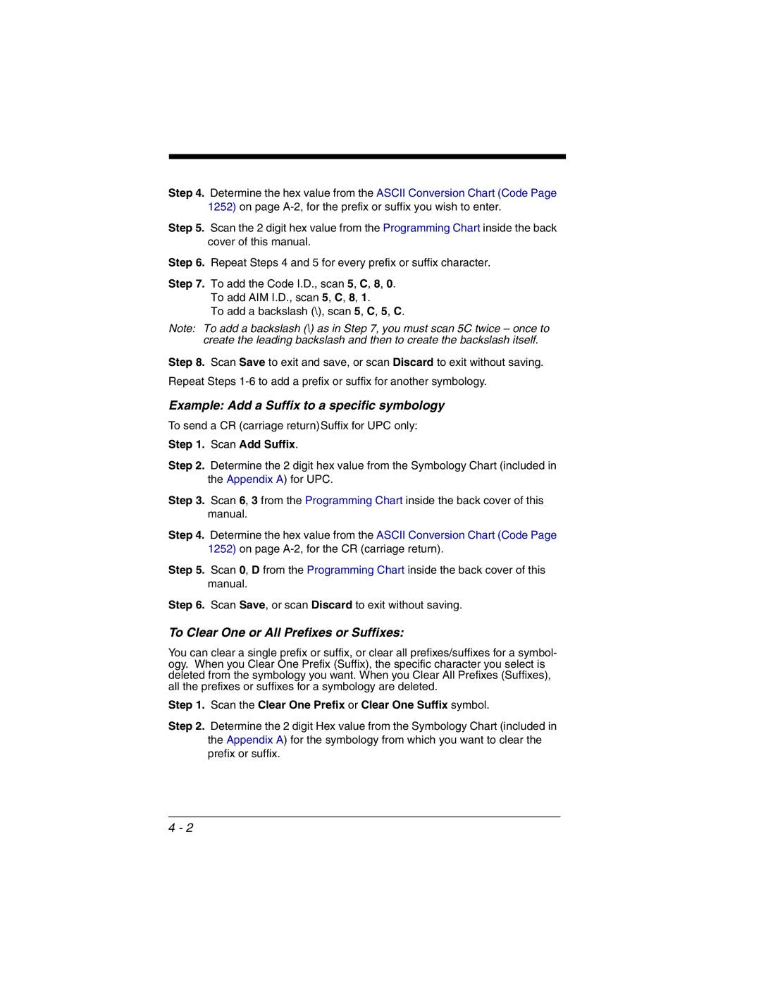 Honeywell 2020 Example Add a Suffix to a specific symbology, To Clear One or All Prefixes or Suffixes, Scan Add Suffix 