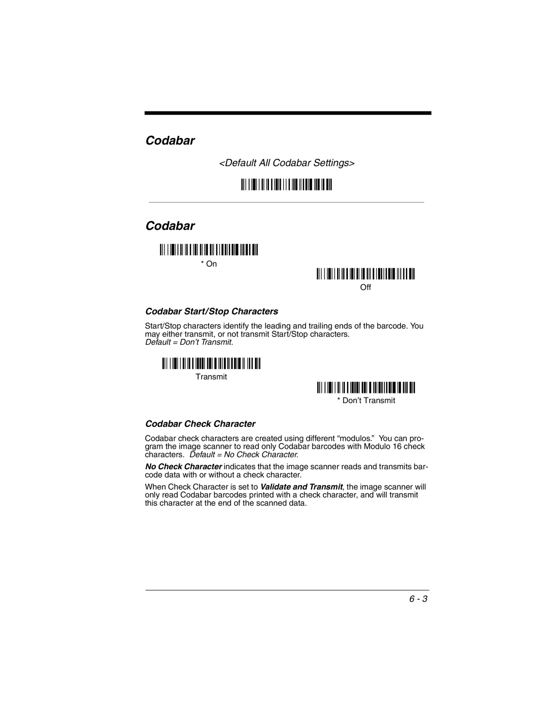 Honeywell 2020 manual Codabar Start/Stop Characters, Codabar Check Character 