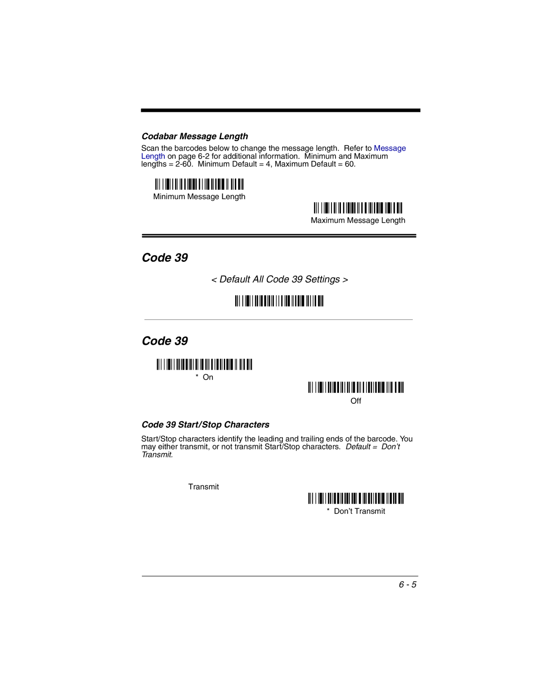 Honeywell 2020 manual Codabar Message Length, Code 39 Start/Stop Characters 