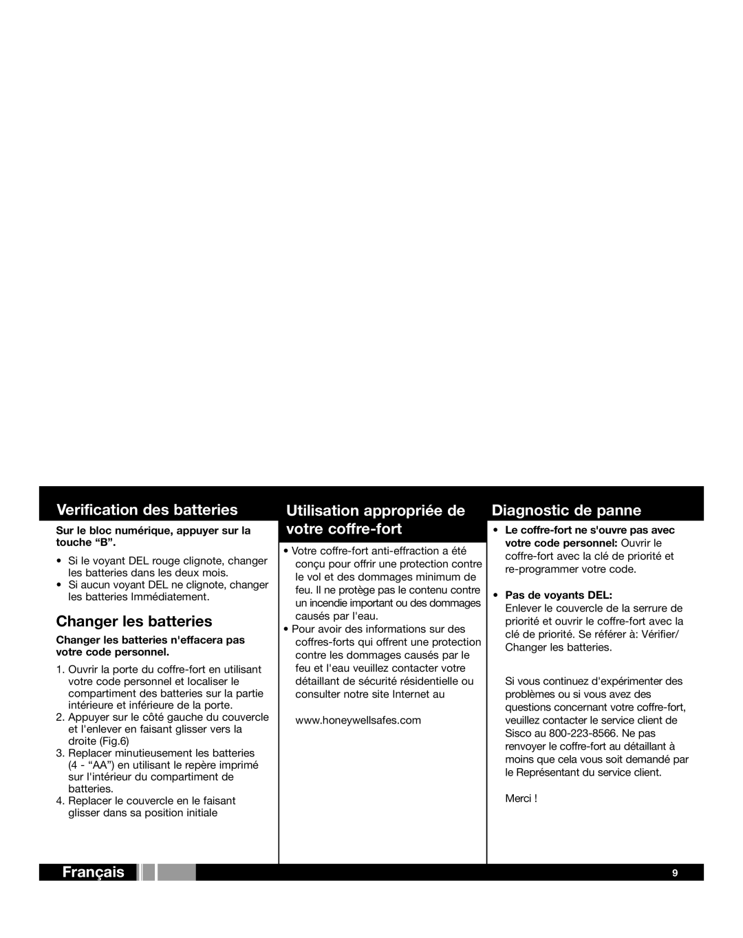 Honeywell 2077D Verification des batteries, Français Utilisation appropriée de votre coffre-fort, Diagnostic de panne 