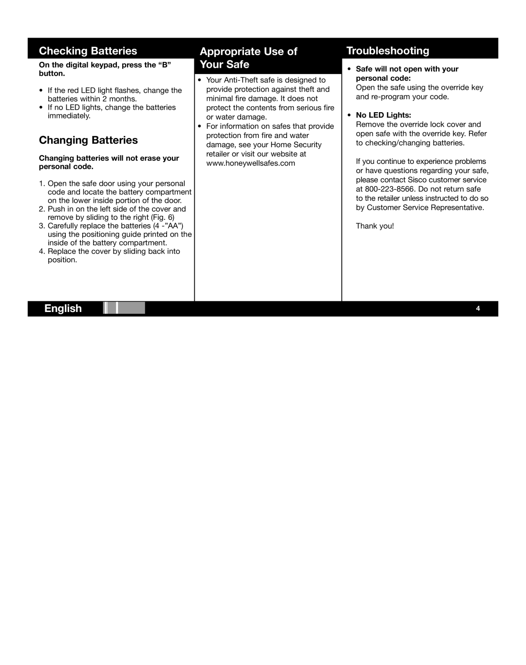 Honeywell 2077D manual Checking Batteries, English Appropriate Use Your Safe, Troubleshooting 